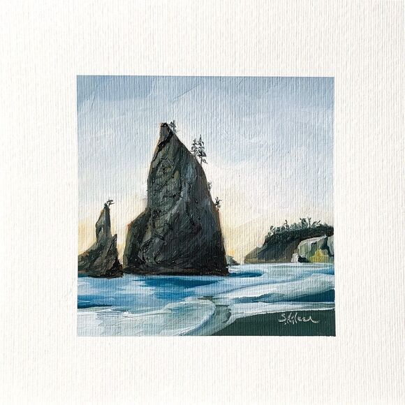 8x8 PNW Original Oil Painting Rialto Beach Seascape Pacific Coast Sunset Signed
